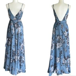Windsor Blue & Gray Floral Print Belted Tie Waist Low Back Maxi Dress - S